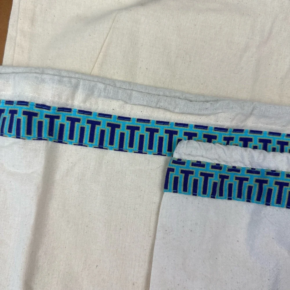 Tory Burch Set Of 3 White Canvas Bags with Purple‎ and Blue Accents drawstring